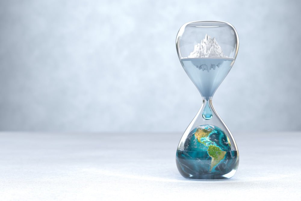 Concepto de cambio climático: Tierra y reloj de arena
