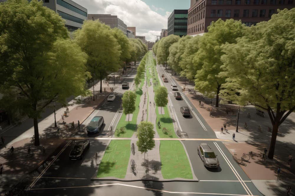 Ciudad sostenible con carriles para bicicletas y espacios verdes interconectados
