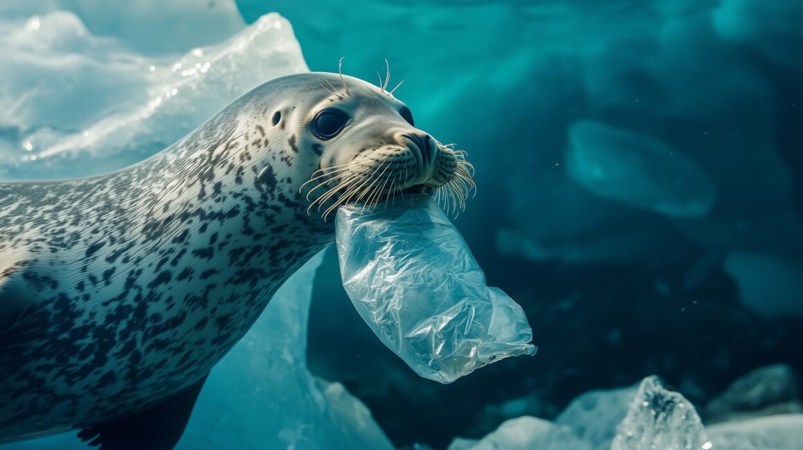 Foca leopardo con una bolsa plástica en la boca, nadando entre hielo en aguas antárticas.