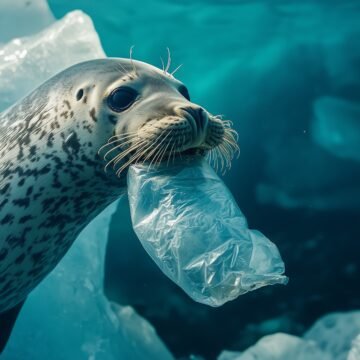Foca leopardo con una bolsa plástica en la boca, nadando entre hielo en aguas antárticas.