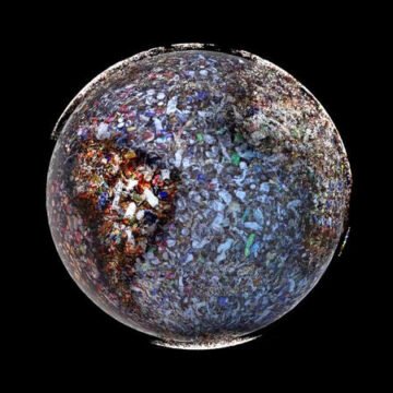 Representación del planeta Tierra como una esfera cubierta de basura y desechos, sobre un fondo negro que resalta la crisis ambiental global.