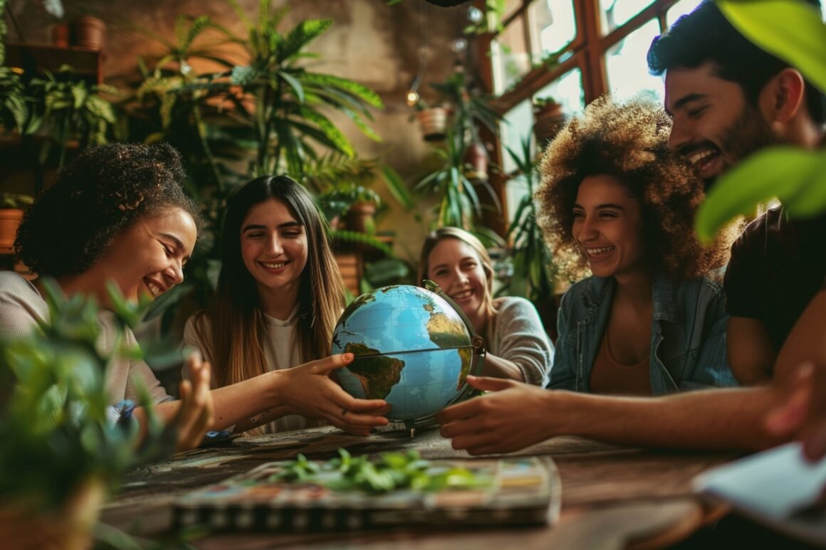 Grupo de jóvenes riendo y sosteniendo un globo terráqueo en una mesa rodeada de plantas, simbolizando unión y compromiso ambiental en un espacio lleno de vegetación.