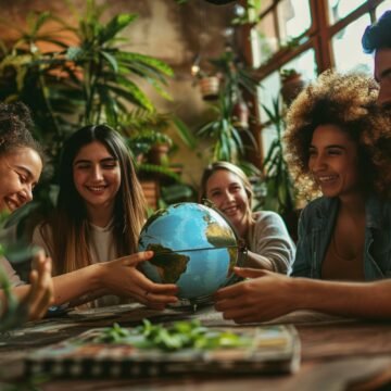Grupo de jóvenes riendo y sosteniendo un globo terráqueo en una mesa rodeada de plantas, simbolizando unión y compromiso ambiental en un espacio lleno de vegetación.