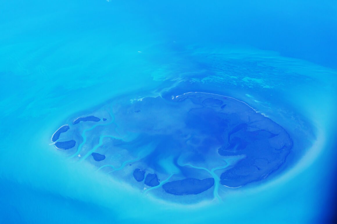 Vista aérea de una formación submarina circular en el océano, representando el ecosistema del Agujero Azul en el Atlántico Sur.
