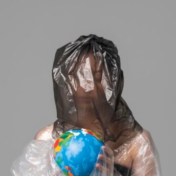 Mujer envuelta en plástico sosteniendo un globo terráqueo como símbolo de la contaminación por plásticos y la necesidad de alternativas sostenibles.