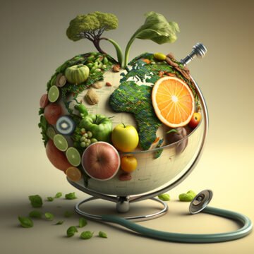 Globo terráqueo formado por frutas, verduras y vegetales, con un estetoscopio alrededor, simbolizando la conexión entre salud humana, alimentación y medioambiente.