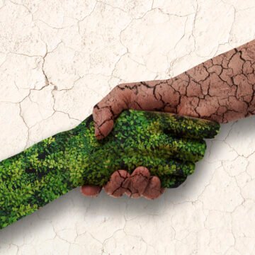 Dos manos estrechándose: una cubierta de vegetación verde y la otra con grietas de tierra seca, simbolizando la conexión entre humanidad y naturaleza.