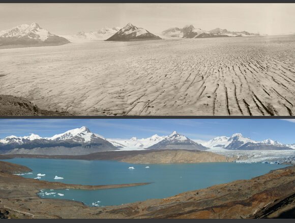 Retroceso glaciar en los Andes: una señal visual de la crisis climática Comparación entre una fotografía histórica y una actual que muestra el retroceso extremo de un glaciar andino, revelando un lago donde antes había hielo.