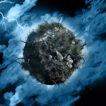 Ilustración 3D de un globo rocoso con árboles secos y arbustos en un cielo tormentoso con rayos