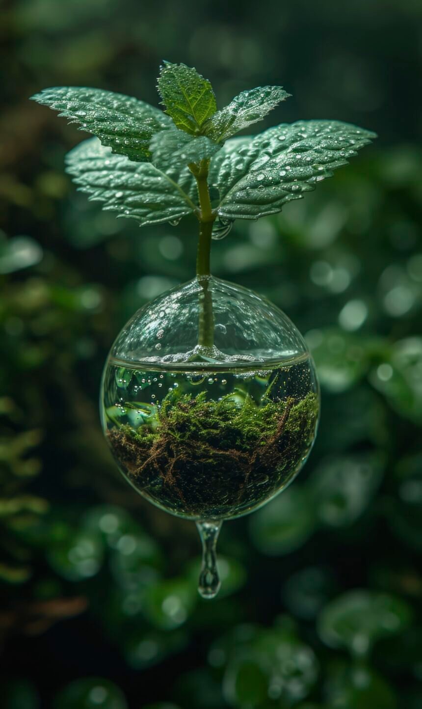 Planta joven creciendo dentro de una esfera de agua con raíces y musgo en su interior.